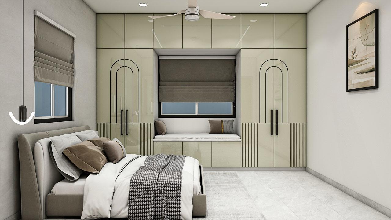 Minimal bedroom with green wardrobes and window seat