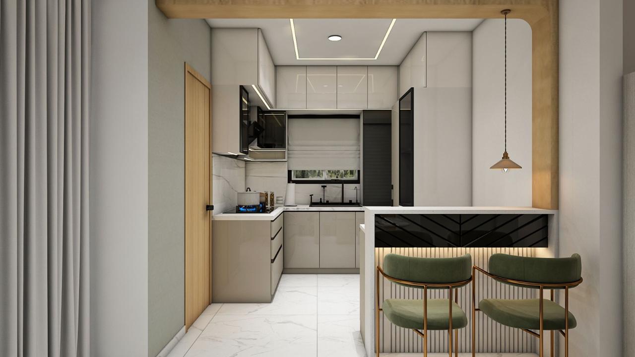Compact modular kitchen with breakfast seating
