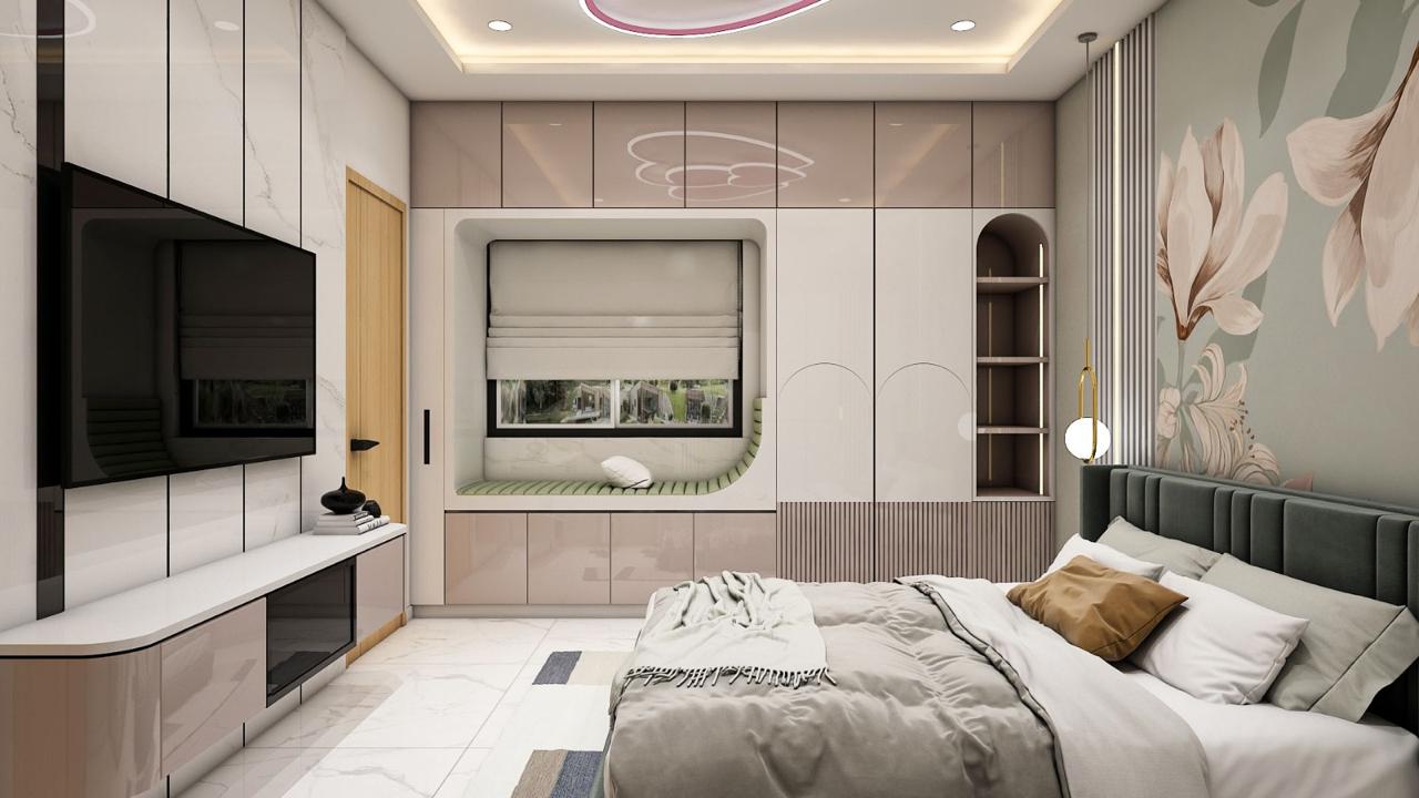 Warm bedroom interior with custom TV wall and window seating