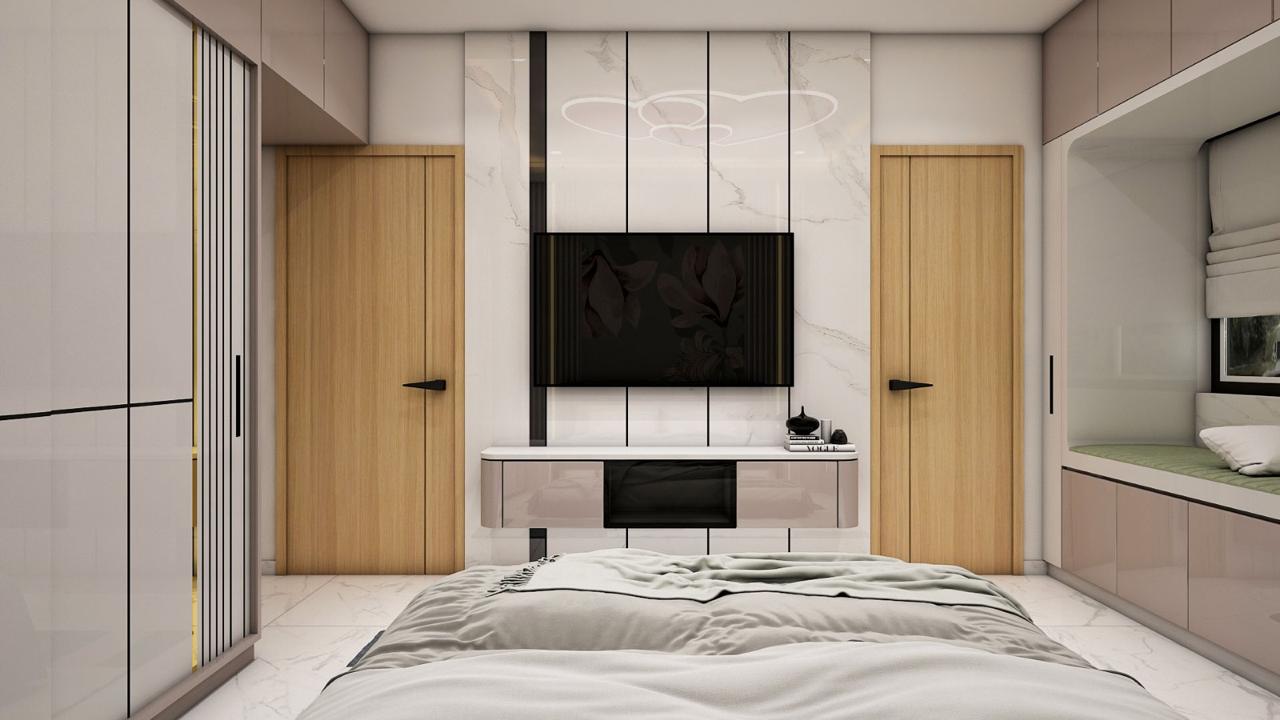 Bedroom planned with balanced circulation and storage