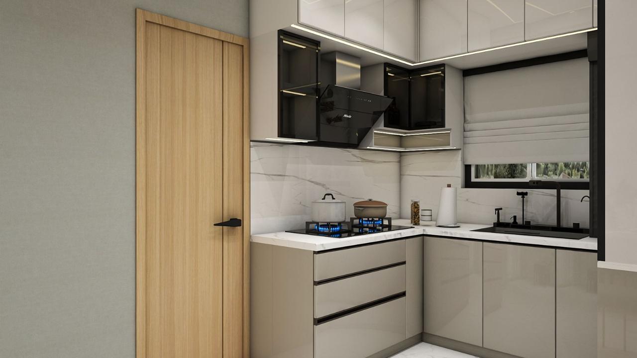 Detailed modular kitchen with layered lighting and premium finishes