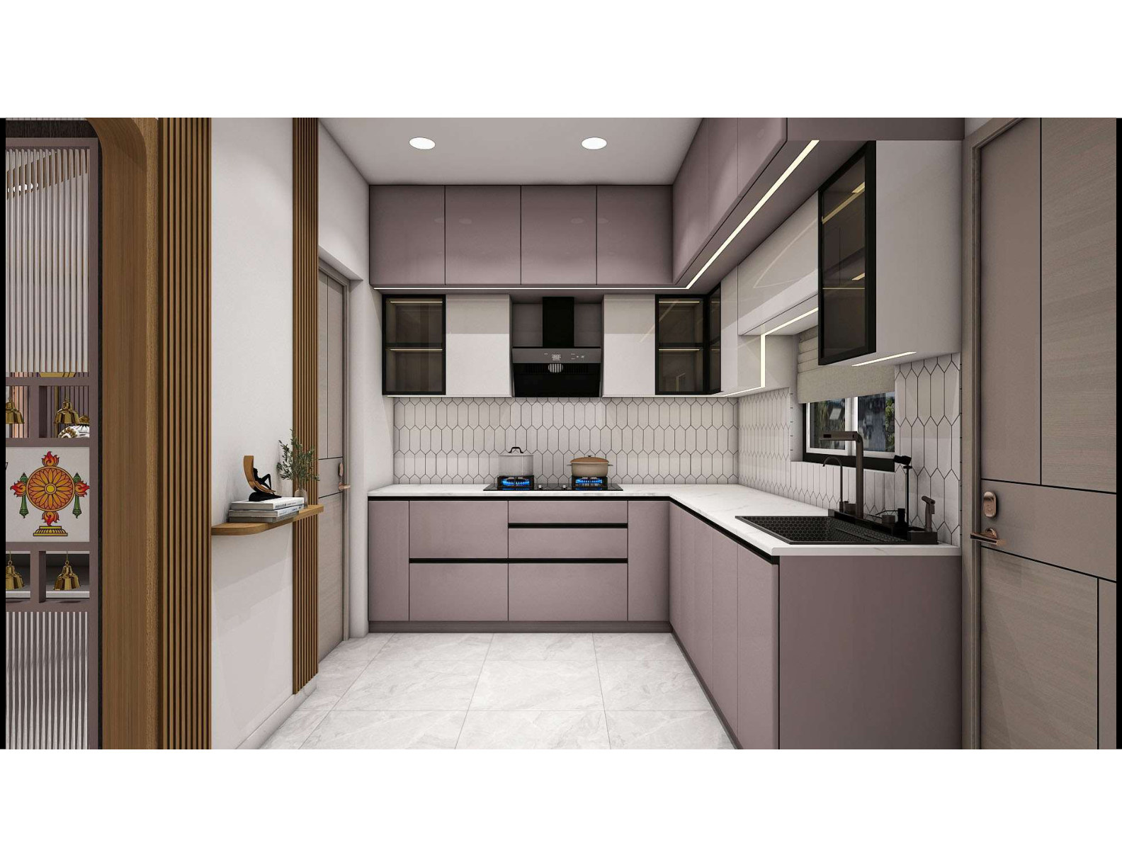 Modern modular kitchen with pink accent cabinets