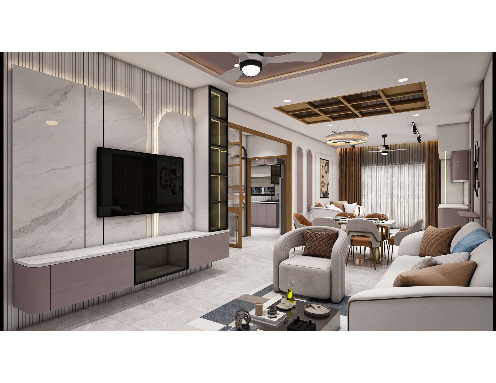 Spacious living and dining room with a marble finish