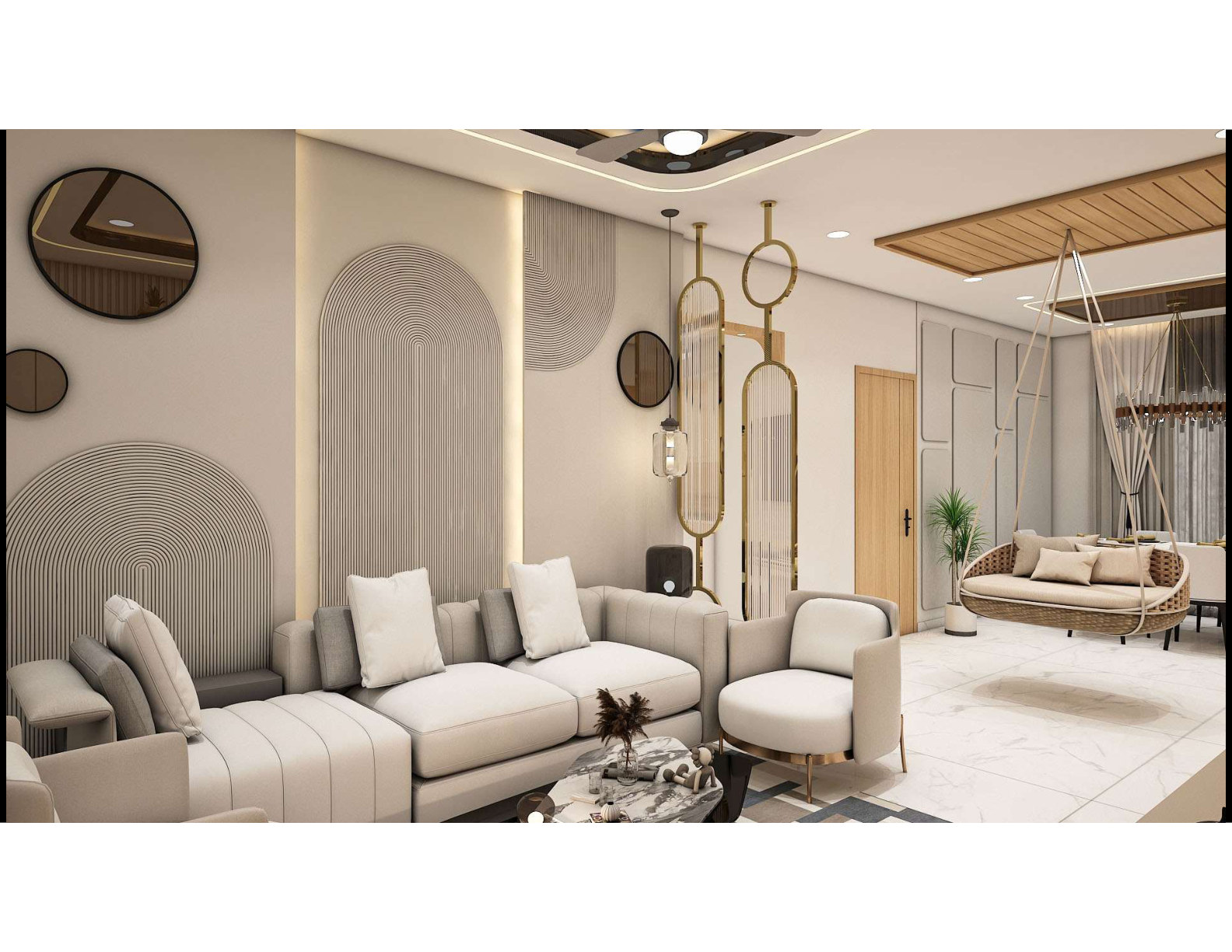 Beige modular kitchen with carefully detailed cabinetry