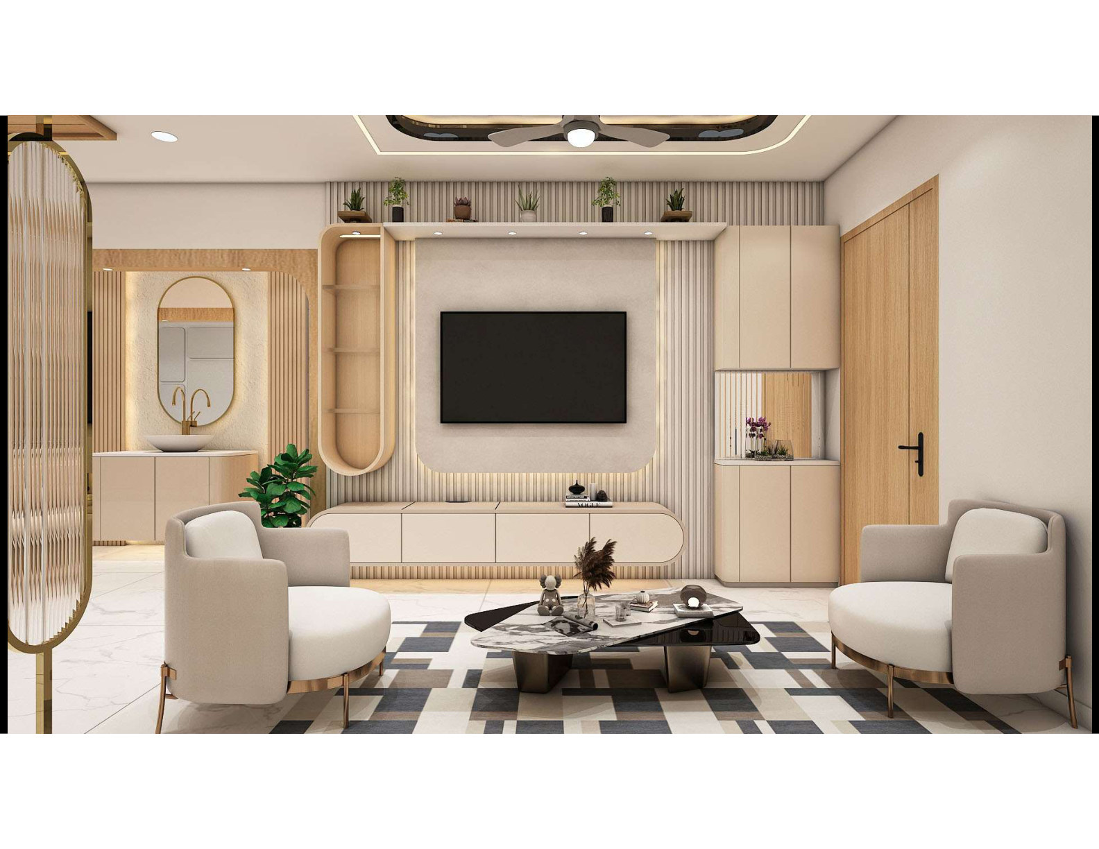 Contemporary living room with stylish TV wall