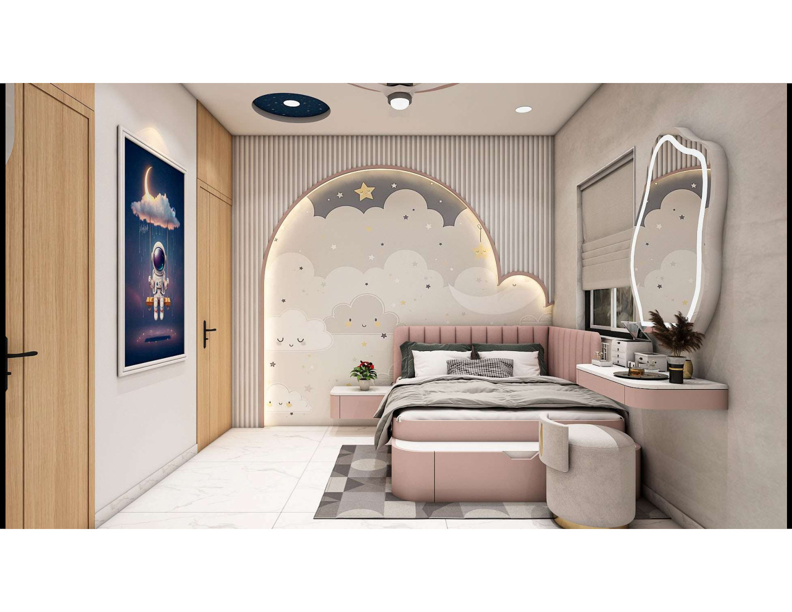 Children bedroom with playful pink interior
